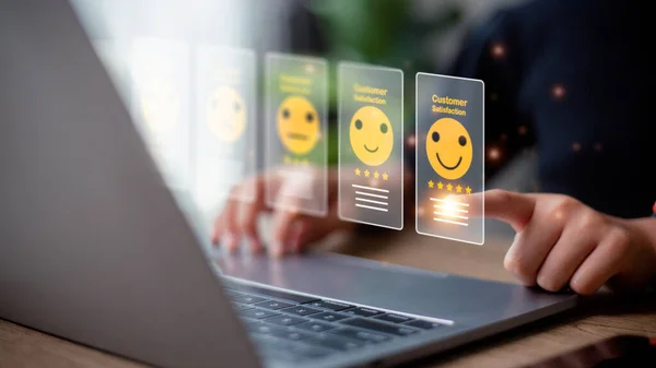Users give ratings to service experience, Customer satisfaction concept. Positive emotion happy smile face five stars and crown, feedback, service, survey, standard quality. certification
