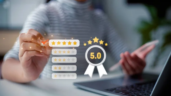 Customer can evaluate quality of service leading to reputation ranking of business. User give rating to service experience on online application, Customer review satisfaction feedback survey concept.
