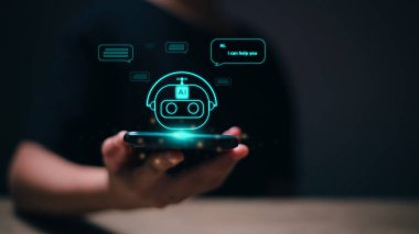 Teknolojik akıllı robot yapay zeka kullanan kadınlar, komut komutunu girin, iş bilgi analizi ve gelecekteki teknolojik dönüşüm için iletişime geçin. ChatGPT sohbet konsepti yapay zeka.. 