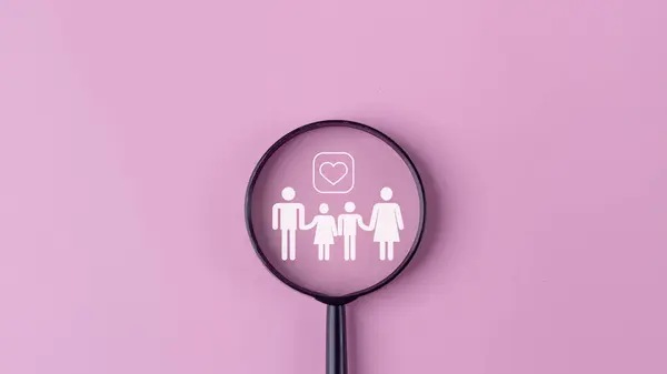 Magnifying glass with family icon for security and safety service, Access to welfare health, People with health care, Health insurance, Family life insurance, Medical care insurance and assurance.