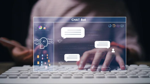 Chat with AI or Artificial Intelligence technology. Man using a laptop computer chatting with an intelligent artificial intelligence asks for the answers he wants. Smart assistant futuristic,