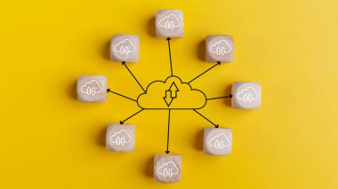 Cloud computing concept with wooden cubes on a yellow background. Top view. Cloud technology. Data storage. Networking and Internet service concept.	