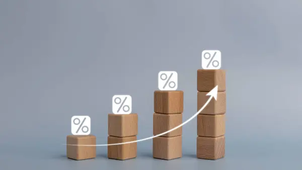 Percentage icons on cube blocks bar graph chart steps with rise-up arrows. Investment, income, trends, inflation, business growth, economic improvement concepts.