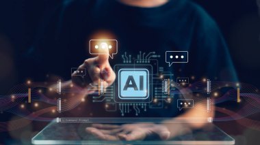 Kadınlar yapay zeka, yapay zeka ve yapay zeka kavramları için yapay zeka kullanırlar. İş, modern teknoloji, internet ve ağ kurma kavramları. Günlük yaşamda yapay zeka teknolojisi.