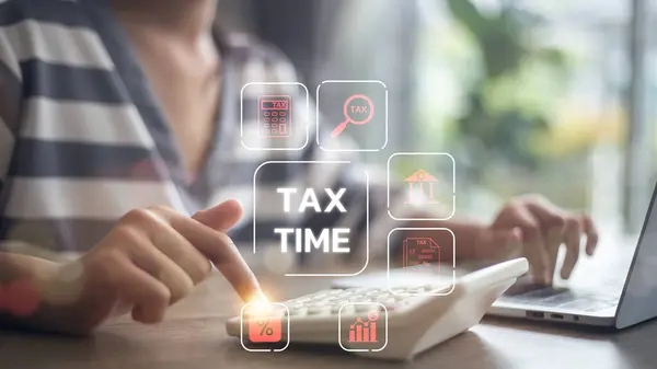 Tax refund concept Woman using laptop and calculator to calculate tax return online for payment state tax government data analysis Financial research, government taxes, VAT