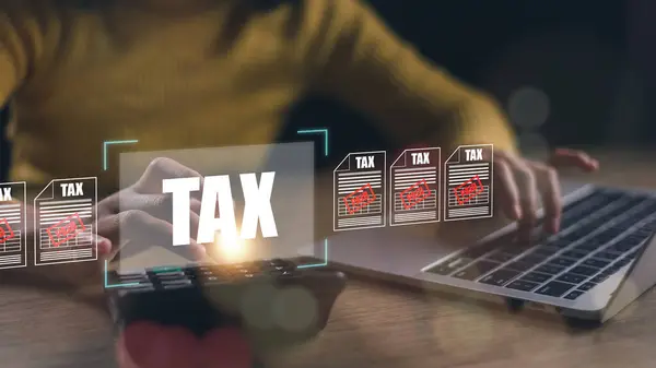 TAX REFUND and refund tax of duty taxation business, graphs and chart being demonstrated on the screen media, tablet pc and selecting tax refund.