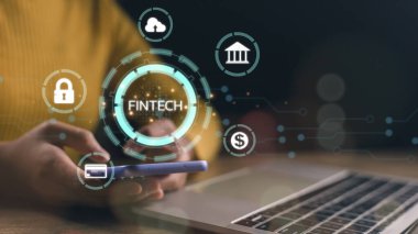 Fintech Finans Teknolojisi Kripto para birimi yatırımı ve dijital para. Sanal ekranda iş kavramı.