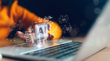 Kullanıcı AI araçları kullanır. Teknoloji akıllı robot bilimi ve yapay zeka teknolojisi, ve bilgi ve verilere çevrimiçi erişim sağlamak için yenilikçi fütüristik ve küresel bağlantı