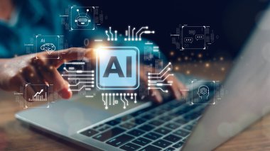 Kullanıcı AI araçları kullanır. Teknoloji akıllı robot bilimi ve yapay zeka teknolojisi, ve bilgi ve veri çevrimiçi ağına erişim sağlamak için yenilikçi fütüristik ve küresel bağlantı,