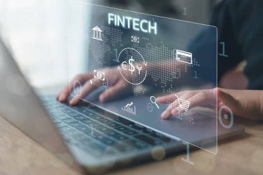 Fintech Finans Teknolojisi Kripto para birimi yatırımı ve dijital para. Sanal ekranda iş kavramı.
