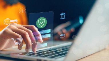 Dijital pazarlama ile çevrimiçi ödeme, bankacılık çevrimiçi fatura ödeme düğmesi, kredi kartı ve ağ bağlantısı ikonu ile akıllı telefon iş teknolojisi sanal ekran geçmişi