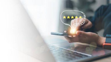 Customer Satisfaction Survey concept, 5-star satisfaction, service experience rating online application, customer evaluation product service quality, satisfaction feedback review, good quality most.