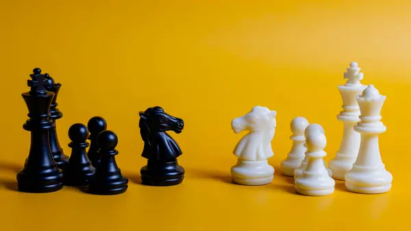 Two chess pieces, one black and one white, are on a yellow background. The black piece is a knight and the white piece is a king. The chessboard is set up for a game of chess