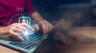 Kadınlar yapay zeka, yapay zeka ve yapay zeka kavramları için yapay zeka kullanırlar. İş, modern teknoloji, internet ve ağ kurma kavramları. Günlük yaşamda yapay zeka teknolojisi 