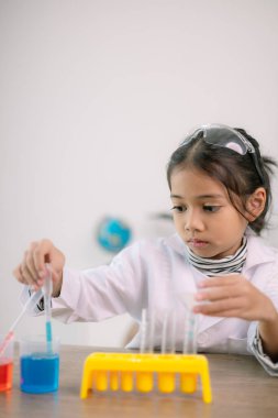 Asyalı kız öğrenci, test tüpü ile fen kimyası öğreniyor. Laboratuvarda deney yapıyor. Eğitim, bilim, kimya ve çocuk kavramları. Çocukların erken gelişimi.