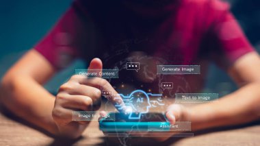 Yapay zeka ya da yapay zeka kavramı. İş için ai kullanan ve günlük hayatta kullanılan kadın, dijital dönüşüm, nesnelerin interneti, yapay zeka beyni., 