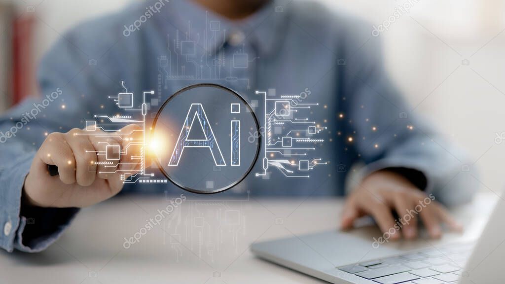 A person is holding a magnifying glass over a computer screen that says AI. Concept of technology and the importance of artificial intelligence in today's world