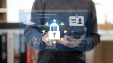 Siber güvenlik kavramı. Kullanıcı gizliliği, şifreleme ve güvenli internet erişimi öncelikleri belirleniyor. Geleceğin teknolojisi ve sibernetiği bir ekran asma kilidiyle sembolize edilir.