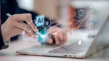 Yapay zeka ya da yapay zeka kavramı. Bilgisayarları kullanan işadamları günlük hayatta, dijital dönüşümde, internetteki şeylerde, yapay zeka beyninde, yapay zekada ve yapay zekada yapay zekada kullanılıyor..