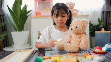Asyalı kız evde oyuncak ayı ve oyuncak yemekle oynuyormuş gibi yapıyor. Yaratıcılığı, sosyal becerileri ve erken çocukluk gelişimini yaratıcı öğrenme faaliyetleri yoluyla teşvik etmek.