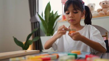 Evde renkli bulmaca bloklarıyla oynayan Asyalı kız, yaratıcı ve dokunsal öğrenme faaliyetleri yoluyla erken çocukluk eğitimi, beyin gelişimi ve bilişsel becerileri teşvik ediyor..