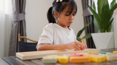 Evde renkli bulmaca bloklarıyla oynayan Asyalı kız, yaratıcı ve dokunsal öğrenme faaliyetleri yoluyla erken çocukluk eğitimi, beyin gelişimi ve bilişsel becerileri teşvik ediyor..