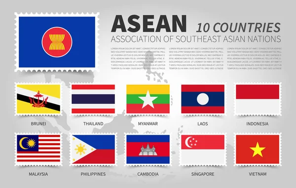 东南亚国家联盟 和成员旗 扁平矩形邮票的设计 — 图库矢量图片