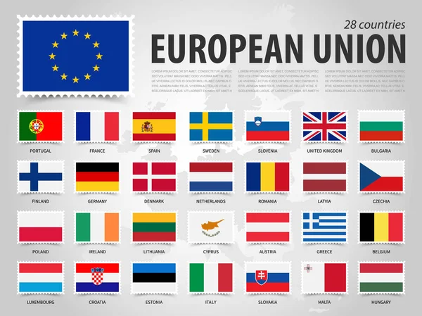 欧州連合 そして欧州地図で加盟国の旗 フラット長方形のスタンプデザイン 要素ベクトル — ストックベクタ