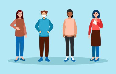 Sıradan kıyafetleri olan maskeli kadın hastalar. Çizgi film karakterleri tasarımı. Vektör .