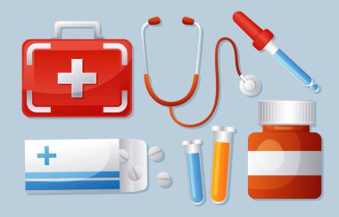 Tıbbi ve bilimsel ekipman seti. İlaç poşeti. Steteskop. İlaç şişesi. Tıbbi kutu. Bırakan. Test tüpü. Vektör .