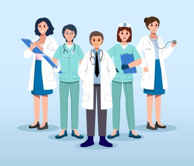 Tıbbi ekip. Doktor ve hemşire yardımcısı. Çizgi film karakteri. Vektör .