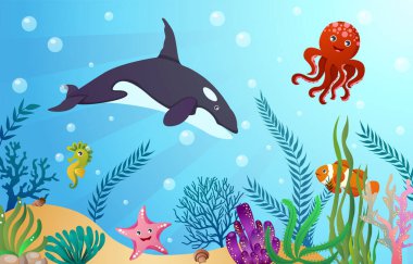 Sea life animals with ocean scene . Cartoon style . Vector .
