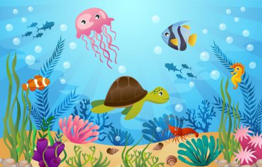 Sea life animals with ocean scene . Cartoon style . Vector .