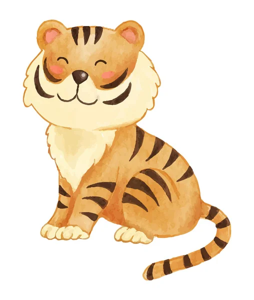 Tigre Diseño Pintura Acuarela Lindo Personaje Dibujos Animados Animales Siéntate — Vector de stock