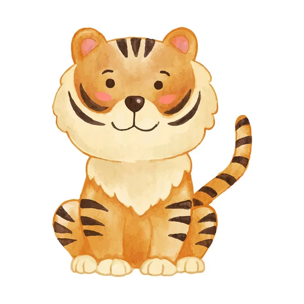 Tigre Diseño Pintura Acuarela Lindo Personaje Dibujos Animados Animales Siéntate — Vector de stock