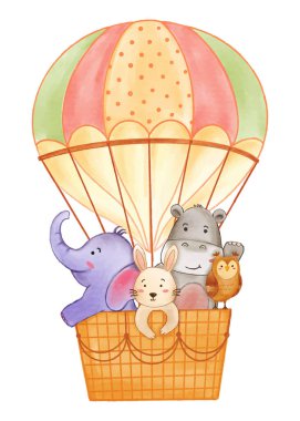 Realistic watercolor paint of wildlife animals on balloon with paper textured . Cartoon character design . Vector . clipart