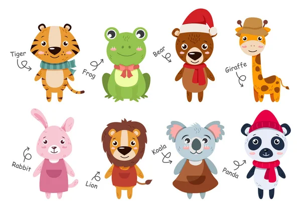 Wildlife Animals Collection Flat Design Cartoon Characters Tiger Frog Bear — Stock Vector