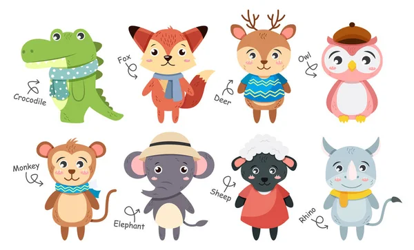 Wildlife Animals Collection Flat Design Cartoon Characters Crocodile Fox Deer — Stock Vector