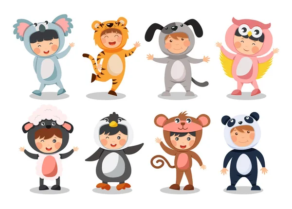 Ensemble Enfants Heureux Porte Des Costumes Animaux Koala Ours Tiger — Image vectorielle