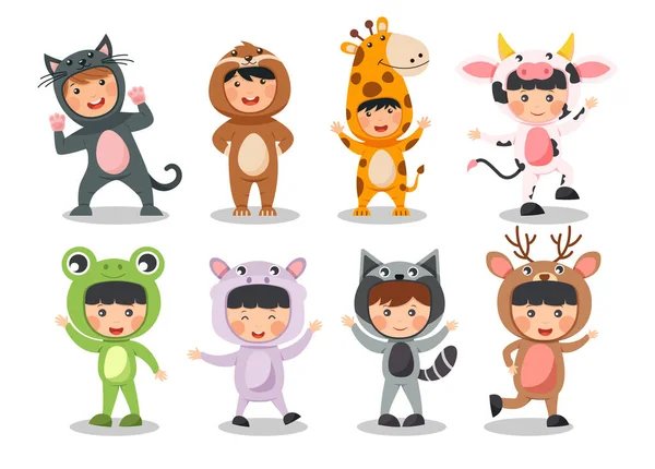 Set Anak Anak Bahagia Mengenakan Kostum Hewan Beruang Kucing Sloth - Stok Vektor