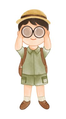 Yürüyüş kıyafetli izci çocuk dürbünle bakıyor. Kağıt desenli gerçekçi suluboya boya. Çizgi film karakteri tasarımı. Vektör .