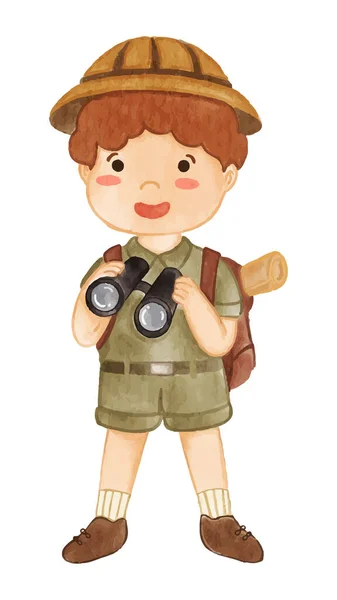 Boy Scout Hiking Suit Look Binoculars Realistic Watercolor Paint Paper — Stock Vector