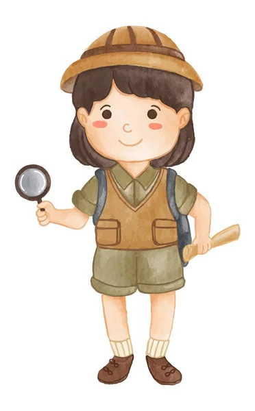 stock vector Girl scout with hiking suit look through magnifying glass . Realistic watercolor paint with paper textured . Cartoon character design . Vector .