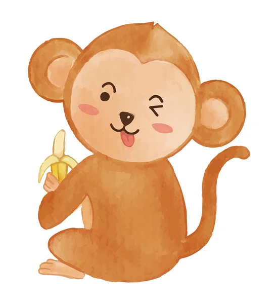 Μαϊμού Τρώει Μπανάνα Σχεδιασμός Υδατογραφίας Χαριτωμένο Ζώο Χαρακτήρα Κινουμένων Σχεδίων — Διανυσματικό Αρχείο