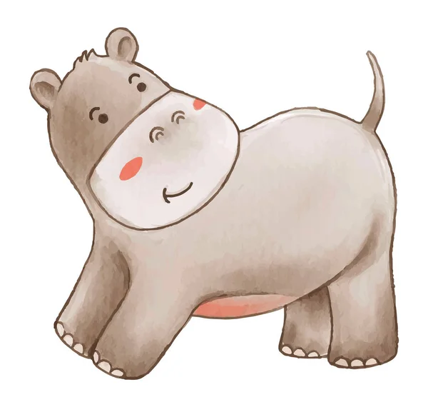 Hipopotam Projekt Farby Akwarelowej Cute Postać Kreskówki Zwierząt Pozycja Stojąca — Wektor stockowy