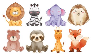 Bir dizi suluboya çizgi film karakteri vahşi yaşam hayvanları. Oturma pozisyonu. Vektör .