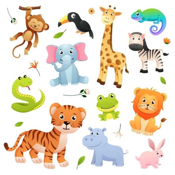 Conjunto Animais Selvagens Personagem Desenho Animado Com Elementos Naturais Decorativos — Vetor de Stock