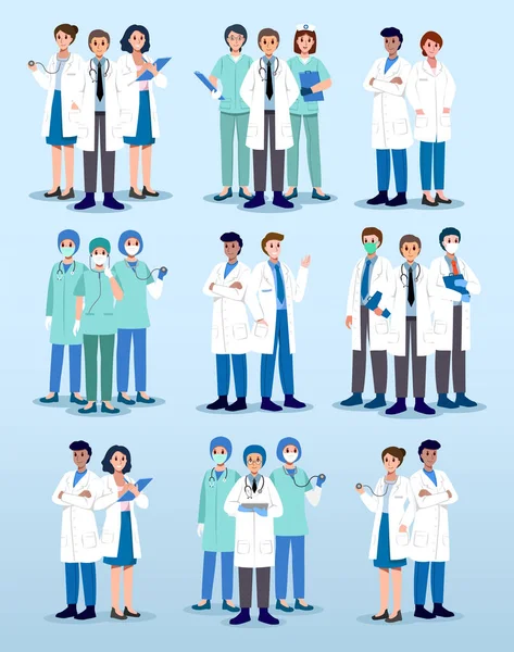 Ein Medizinisches Team Arzt Und Krankenschwester Zeichentrickfiguren Flaches Design Vektor — Stockvektor