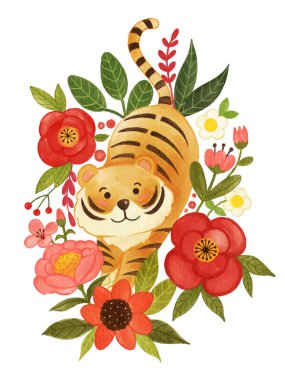 Çiçekli kaplan ve yapraklar dekoratif. Kağıt desenli gerçekçi suluboya boya. Çizgi film karakteri tasarımı. Vektör .