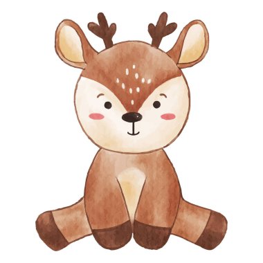 Geyik oturuyor. Suluboya boya tasarımı. Sevimli hayvan çizgi film karakteri. Vektör .